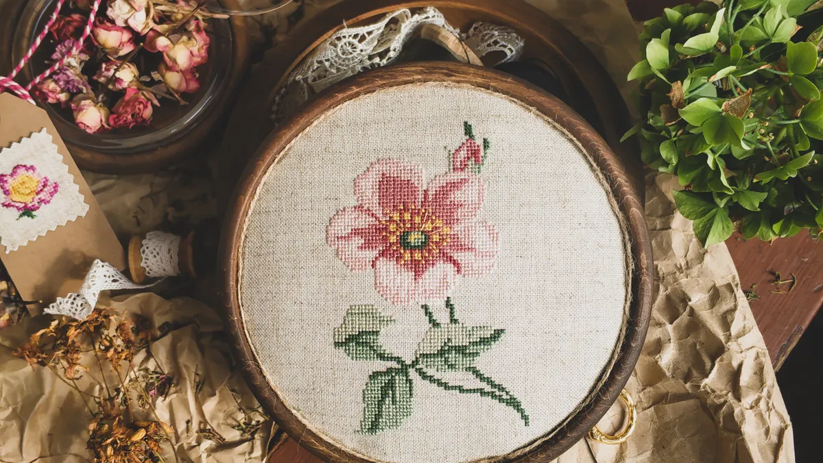 Embroidery hoop with a pink flower design